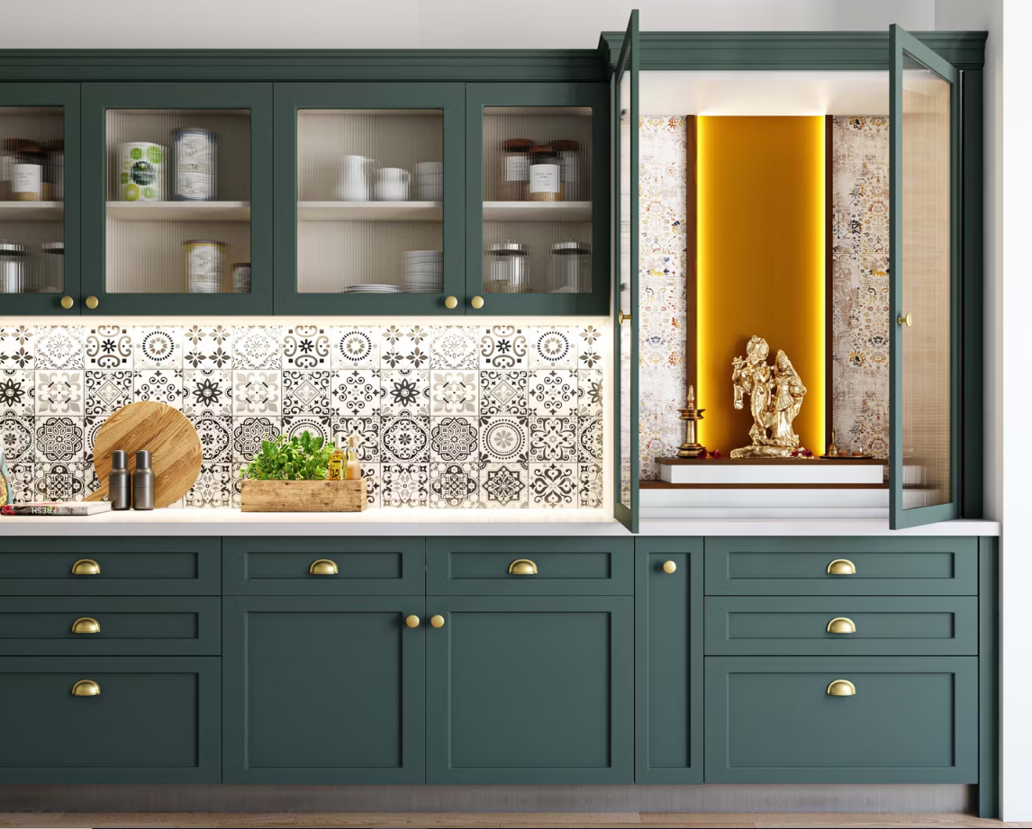 Frosty White and Walnut Bronze Modern Pooja Unit Design